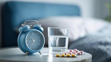 Morning Routine With Bedside Alarm Clock, Glass of Water, and Medication Displayed on a Nightstand With Soft Light photo