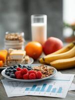 Balanced Diet Setup With Detailed Nutrition Facts Featuring Fresh Fruits and Nuts in a Modern Kitchen Setting photo