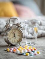 Morning Routine With Bedside Alarm Clock, Glass of Water, and Medication Laid out on a Soft Surface photo