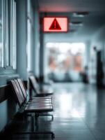 Blurred Hospital Waiting Room Featuring Cold Warning Signage and Empty Seats During a Quiet Day photo