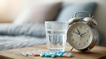 Morning Routine With Bedside Alarm Clock and Glass of Water for Taking Medication photo