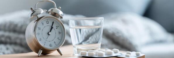 Morning Routine With Bedside Alarm Clock and Glass of Water for Medication in a Bright Bedroom Setting With Upper Part Open for Sunlight photo