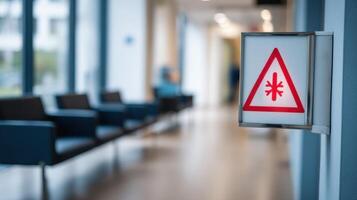 Hospital Waiting Room With Cold Warning Signage Visible on the Left Side and Blurred Seating Area Beyond photo