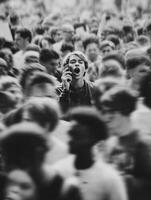 Crowd Gathers With One Individual Energetically Shouting Into Phone During a Lively Event or Protest photo