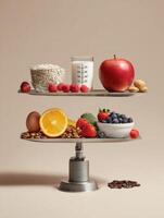 Balanced Diet Setup Featuring Nutrition Facts With a Focus on Healthy Foods and Portion Control Displayed Creatively at Home photo