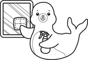 Outline of seal wipe the window. Coloring pages of cute seal. vector