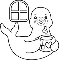 Outline of seal bring a hot tea. Coloring pages of cute seal. vector