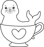 Outline of seal stuck in the cup of tea. Coloring pages of cute seal. vector
