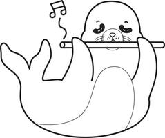 Outline of seal playing a flute. Coloring pages of cute seal. vector