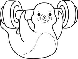 Outline of seal lifting a dumbbell. Coloring pages of cute seal. vector