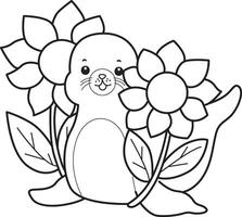 Outline of seal bring a sun flower. Coloring pages of cute seal. vector