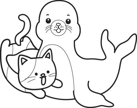 Outline of seal playing with kitten. Coloring pages of cute seal. vector