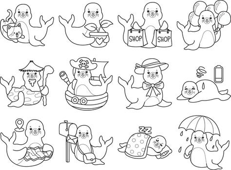 Outline of seal in the variation of daily life. Coloring pages of cute seal. vector
