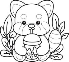 Outline of panda drinking a boba tea. Coloring pages of red panda. vector