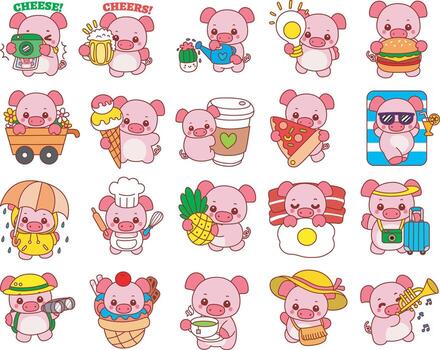 Pig in the variation of random daily life. Funny pig in activities elements. vector