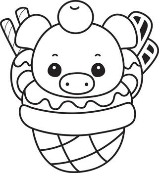 Outline of pig in the middle of ice cream cone. Coloring pages of cute pig. vector