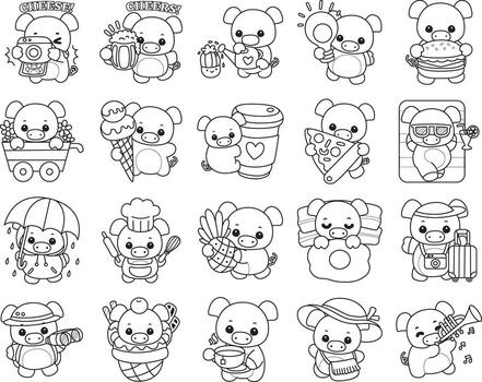 Outline of pig in the variation of activity. Coloring pages of cute pig. vector