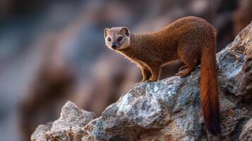 Ring-tailed Mongoose Explores Rocky Terrain During Golden Hour With a Clear Focus on Its Slender Body and Alert Posture photo