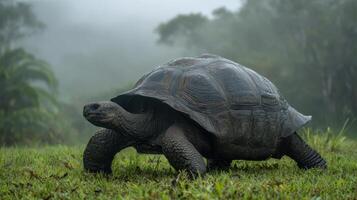 Galapagos Tortoise Walks Through Lush Grass With Jungle Haze in the Background During a Misty Day in the Galapagos Islands photo