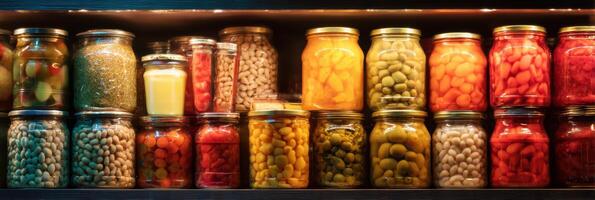Canned Food Collection Glowing on Shelf With Various Jars of Preserved Vegetables and Fruits Illuminated by Backlight in a Cozy Setting photo