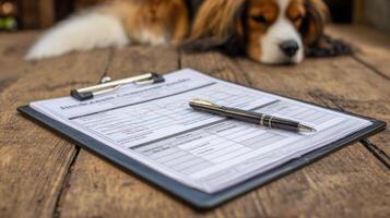 Health Chart on Clipboard Beside a Relaxed Dog in a Cozy Setting, Highlighting Pet Wellness and Care Procedures photo