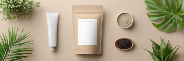 Modern Packaging Pouch Mockup Displayed With Natural Elements on a Neutral Background in a Creative Setting photo