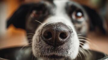Curious Dog Snout Reaches Food Bowl With Shallow Depth of Field on a Cozy Indoor Setting photo