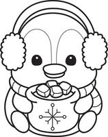 Outline of penguin bring a hot chocolate. Coloring pages of cute penguin. vector