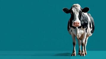 A Dairy Cow Poses Confidently Against a Vibrant Teal Background, Highlighting Its Charm and the Beauty of Livestock in Agriculture photo