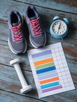 Fitness Goals Progress Chart Featuring Colorful Bars Beside Sneakers, Dumbbell, and Clock on Wooden Surface photo