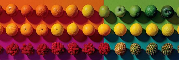 Color-matching Arrangement of Colorful Fruits Showcasing Aesthetic Hues and Textures on Vibrant Backgrounds in a Well-Lit Setting photo