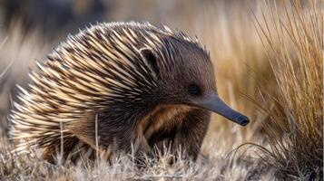 Long-beaked Echidna Crawling Through Dry Grass Under Warm Sunlight in an Open Landscape During the Late Afternoon photo