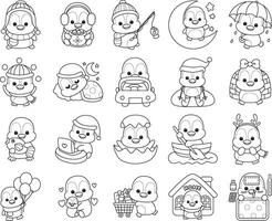 Outline of penguin in the variation of activity. Coloring pages of cute penguin. vector