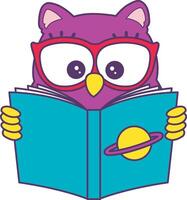 Owl reading a book. Sticker of violet owl daily activities. vector
