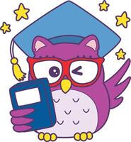 Owl was graduation. Sticker of violet owl daily activities. vector