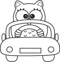 Outline of owl driving a car. Coloring pages of cute owl. vector