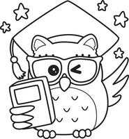 Outline of owl bring a book and wearing a graduation costume. Coloring pages of cute owl. vector
