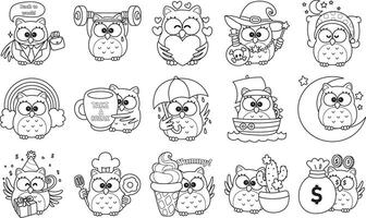 Outline of owl in the variation of activities. Coloring pages of cute owl. vector