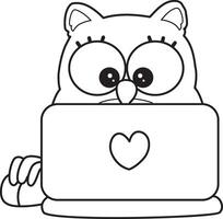 Outline of owl typing in the notepad. Coloring pages of cute owl. vector