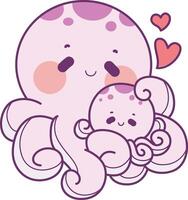 Octopus with her mother. Cute Kawaii Happy Octopus vector