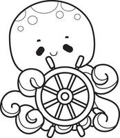 Outline of octopus driving a boat. Coloring pages of cute octopus. vector