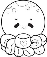 Outline of octopus relax with tea. Coloring pages of cute octopus. vector