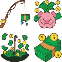 Money in the piggy bank and umbrella. money and finance collection. vector