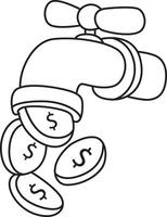 Outline of money appear from the faucet. Coloring pages of money and finance collection. vector