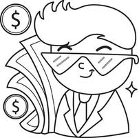 Outline of money with rich people. Coloring pages of money and finance collection. vector
