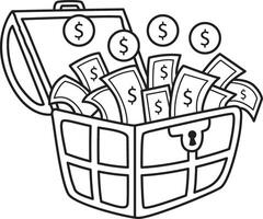 Outline of money in the treasure box. Coloring pages of money and finance collection. vector