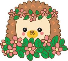 Hedgehog in the middle of flowers. Sticker of funny hedgehog clip art. vector