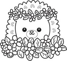 Outline of hedgehog in the middle of flowers. Coloring pages of cute hedgehog. vector