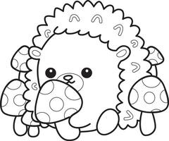 Outline of hedgehog in the middle of mushroom. Coloring pages of cute hedgehog. vector