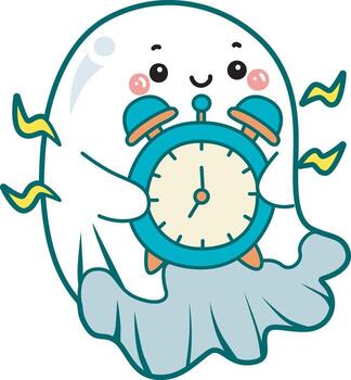 Outline of ghost with alarm clock. Coloring pages of cute ghost. vector